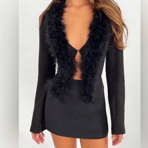 Tiger Mist Black Nicolette Cardigan with Faux Feather Trim